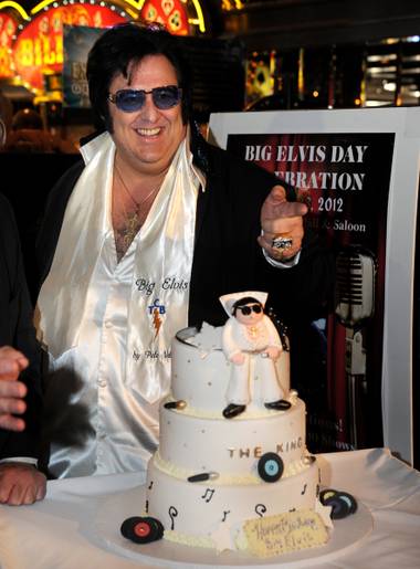 Pete “Big Elvis” Vallee celebrates 10 years of performing on the Strip with more than 7,000 performances at Bill’s Gamblin’ Hall on Tuesday, Feb. 28, 2012. 