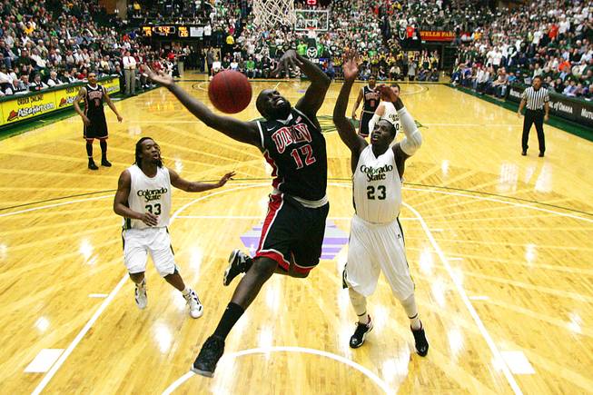 UNLV forward Brice Massamba loses the ball after being fouled by Colorado State during their game Wednesday, Feb. 29, 2012 at Moby Arena in Ft. Collins. CSU upset UNLV 66-59 to remain unbeaten at home this season.