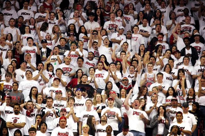Fans in the student section wear white during the white out during the UNLV game against Wyoming at the Thomas  & Mack Center in Las Vegas on Saturday, March 3, 2012.