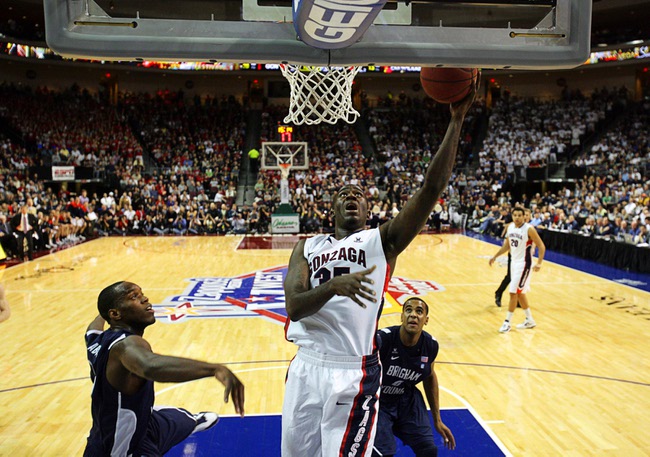 Gonzaga Bulldogs' Sam Dower drives to the basket during a game against the BYU Cougars at the Zappos.com West Coast Conference Championships basketball tournament  at the Orleans Arena Saturday, March 3, 2012. Gonzaga beat BYU 77-58.