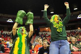 Colorado State fans Lesley Murray, left, and Laura Danielson cheer on their Rams during their Mountain West Conference Tournament game against TCU Thursday, March 8, 2012. Colorado State won 81-60.