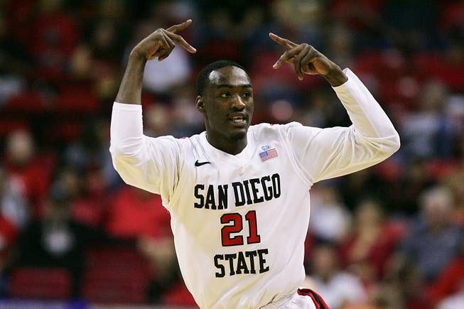 San Diego State guard Jamaal Franklin celebrates his three-point shot against Colorado State during their Mountain West Conference tournament semifinal game Friday, March 9, 2012 at the Thomas & Mack Center.