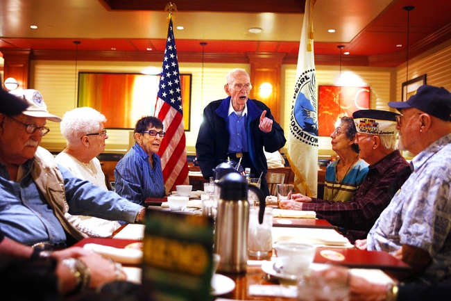 President Clifton Dohrmann speaks to the group during the last meeting of the Pearl Harbor Survivors Silver State Chapter Two at the Grand Cafe at Boulder Station in Las Vegas on Tuesday, March 13, 2012.