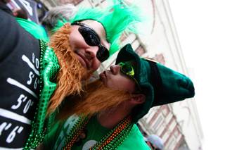 Visiting from Kansas, Scott Grogg, right, goofs around with his friend, Justin King, while celebrating St. Patrick's Day at the last O'Sheas' St. Patrick's Day block party before it closes on the Las Vegas Strip Saturday, March 17, 2012.