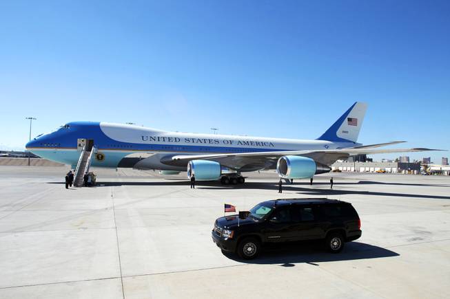 The motorcade arrives back at McCarran Airport in Las Vegas after President Barack Obama delivered an energy policy speech at a solar plant in Boulder City on Wednesday, March 21, 2012.