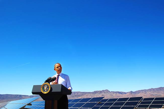 President Barack Obama speaks during a visit to Sempra U.S. Gas & Power's Copper Mountain Solar 1 photovoltaic plant Wednesday, March 21, 2012 south of Boulder City.
