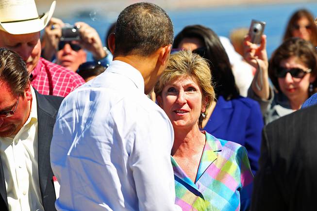 County Commissioner Chris Giunchigliani greets President Barack Obama after his speech at Sempra U.S. Gas & Power's Copper Mountain Solar 1 photovoltaic plant Wednesday, March 21, 2012 south of Boulder City.