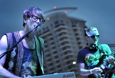 Keith Milgaten, left, and Mike Griffin of Jamuel Saxon play at the Junkyard during Neon Reverb.