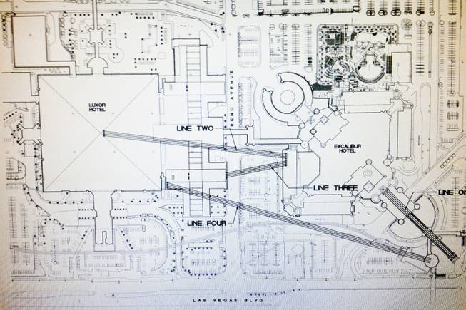Blueprint sketches of zip lines that are planned to run between the Luxor and Excalibur.