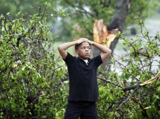 Ten year-old Ty Proctor surveys damage after a tornado struck  Arlington, Texas on Tuesday, April 3, 2012.  Several reported tornadoes tore through the Dallas area on Tuesday, tossing semis in the air and leaving crumpled tractor trailers strewn along highways and in truck stop parking lots.   The National Weather Service reported at least two separate 