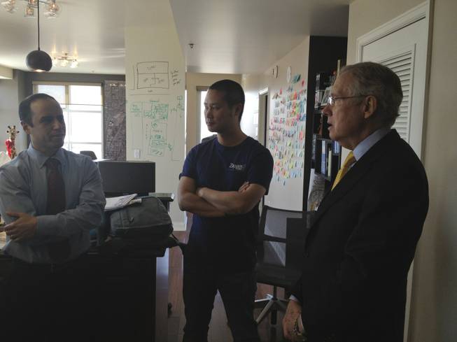 Dr. Zubin Damania, M.D., Tony Hsieh, and U.S. Sen. Harry Reid discuss the health system in Nevada in Hsieh's condo inside The Ogden in downtown Las Vegas.
