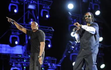 Dr. Dre and Snoop Dogg perform during their headlining set on the first weekend of the 2012 Coachella Valley Music and Arts Festival in Indio, Calif., on Sunday, April 15, 2012.