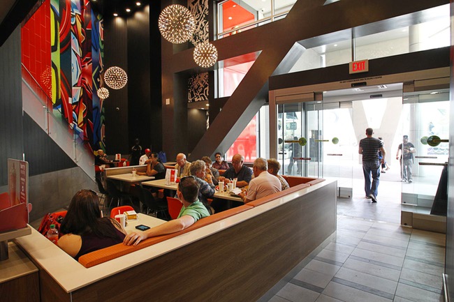The ground floor dining area boasts a contemporary theme in the new Metro McDonald's at Harmon Avenue and the Las Vegas Strip Thursday, April 19, 2012. The 24-hour restaurant, with a second floor dining area, will host it's grand opening to the public on Friday, May 4 at midnight to 6 a.m.