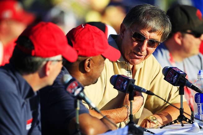 Former UNLV head coach Harvey Hyde talks during the Rebels spring football game Friday, April 20, 2012.