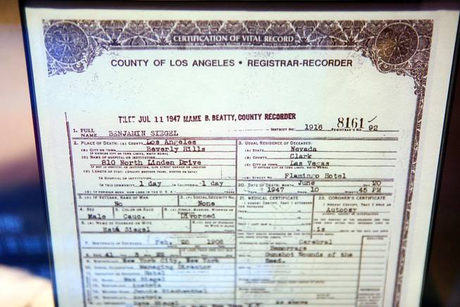 A copy of Benjamin "Bugsy" Siegel's death certificate on display at the Mob Attraction Las Vegas at the Tropicana on Monday, April 23, 2012.