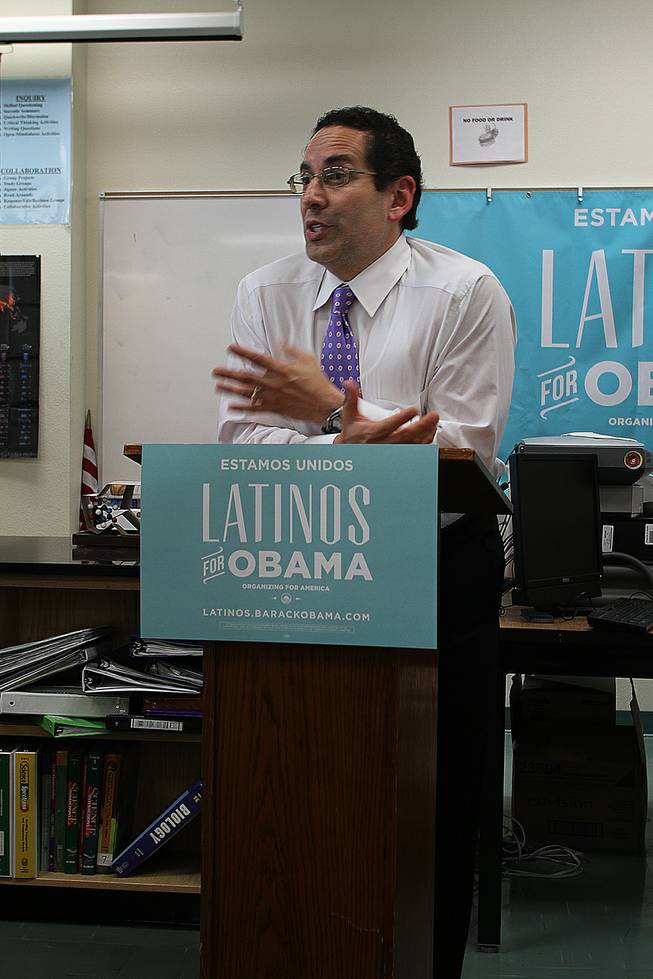 Juan Sepulveda, Democratic National Committee senior adviser for Hispanic Affairs, addresses the Hispanic Student Union after school Tuesday, April 24, at Rancho High School. Sepulveda trumpeted President Barack Obama's programs to help students pay for college as the president campaigns for Congress to extend a reduced interest rate for federal student loans that is set to expire in July.