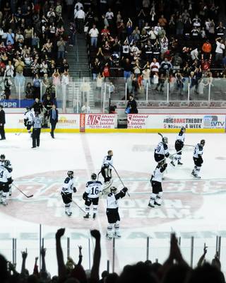 Appreciative home fans give the Las Vegas Wranglers a standing ovation as they leave the ice after defeating the Alaska Aces in Game 2 of the ECHL Western Conference Finals on Friday night at the Orleans Arena.