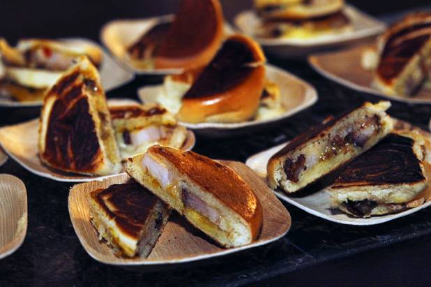 Pork belly grilled cheese sandwiches with Robiola cheese and apricot jam, by Bellagio chef Jason Johnson are displayed during the Vegas Uncork'd "Follow That Truck" food festival at the Bellagio Thursday May 20, 2012. Celebrity chefs added to the gourmet fare from more than a dozen food trucks for the festival outside under the lights at Bellagios Hidden Drive.