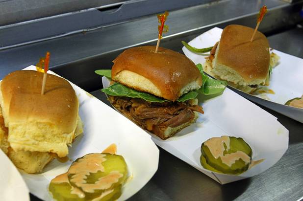 Pulled pork sliders are shown at the Rusty Pickle food truck during the Vegas Uncork'd "Follow That Truck" food festival at the Bellagio Thursday May 20, 2012. Celebrity chefs added to the gourmet fare from more than a dozen food trucks for the festival outside under the lights at Bellagios Hidden Drive.