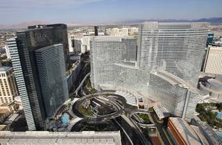 A view of MGM's CityCenter taken from a helicopter Monday, May 21, 2012. Vdara is at left, and Aria is at right.