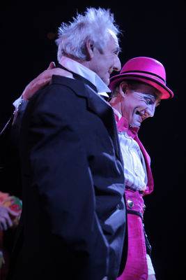 Nicholas Dewhurst, right, wishes "Happy Birthday" to his 80-year-old father, Brian, after the second performance of "Mystere" at Treasure Island on Tuesday, May 22, 2012.