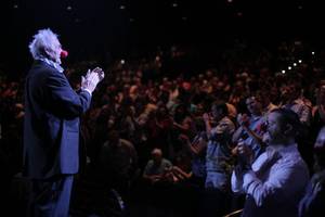 Brian Dewhurst acknowledges the crowd after the second performance of "Mystere" at Treasure Island as he celebrates his 80th birthday Tuesday, May 22, 2012. 