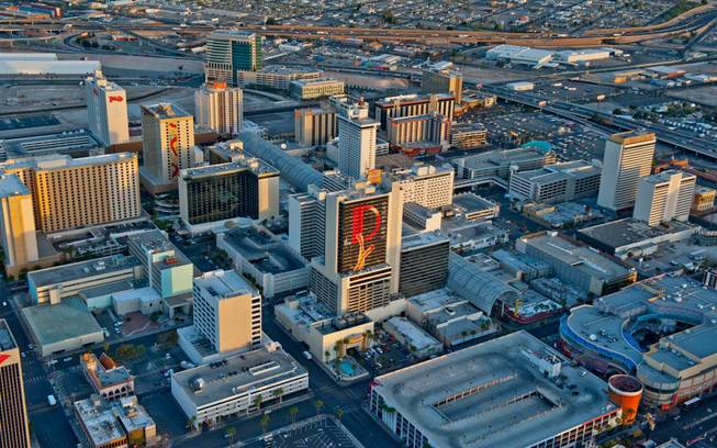 An aerial view of downtown Las Vegas and the Fremont Street Experience.
