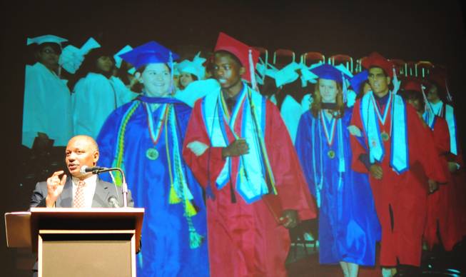 Clark County School Superintendent Dwight Jones thanks the community for its help in increasing the School District's high school graduation rate on Monday, June 4, 2012. The School District announced on Monday that its graduation rate improved to 65 percent, from 59 percent last year.