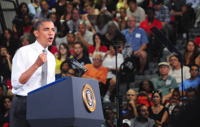 President Barack Obama makes a campaign-style stump speech at UNLV's Cox Pavilion on Thursday, June 7, 2012. Obama made a two-hour pit stop in Las Vegas to urge Congress not to raise student loan interest rates. 