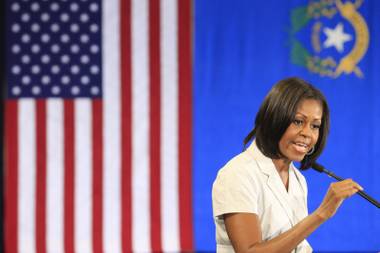 First lady Michelle Obama speaks to campaign volunteers during a stop in Henderson Tuesday, June 19, 2012.