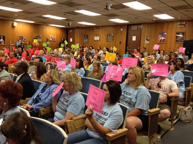 More than a hundred people, including many teachers, attended the School Board meeting Thursday, June 21, in which the board decided to renew a $7.6 million contract with EdisonLearning Inc. The teachers wore T-shirts that read "CCSD + EdisonLearning = A winning partnership."