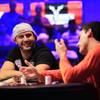 Michael Mizrachi smiles after taking a pot from Chris Klodnicki during the 2012 World Series of Poker $50,000 Players Championship.