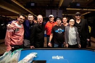 The One Drop Final Table players from left to right: Antonio Esfandiari, Brian Rast, Bobby Baldwin, David Einhorn, Guy Laliberté, Sam Trickett, Richard Yong and  Phil Hellmuth on Tuesday, July 3, 2012.