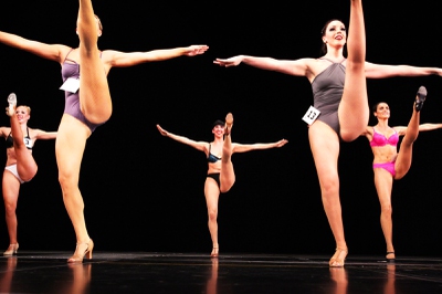 Women perform high kicks during auditions for the show Jubilee! at Bally's Las Vegas on Monday, July 23, 2012.