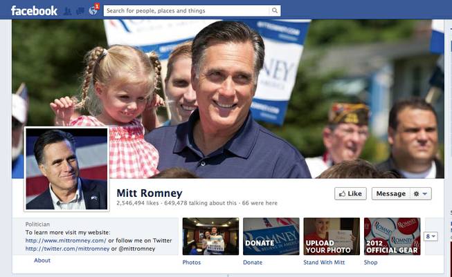 Screen shot of Mitt Romney's Facebook campaign page on Thursday, July 19, 2012.