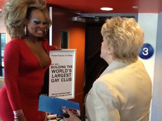 Las Vegas Mayor Carolyn Goodman speaks with a showgirl from Drink & Drag at Krave Nightclub's announcement to move to Neonopolis on Wednesday, July 25, 2012.