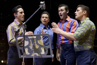 “Jersey Boys” cast members Jeff Leibow, Graham Fenton, Rob Marnell and Deven May at the Paris.