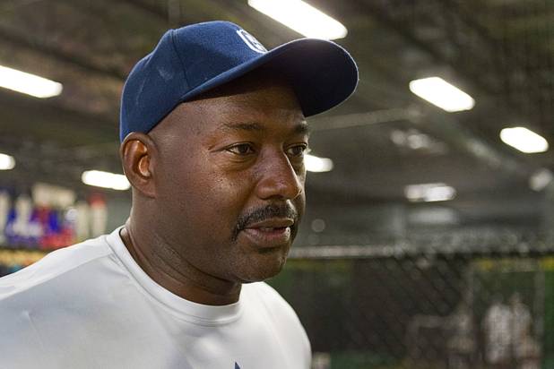 Coach Derrick Williams is interviewed during batting practice for his team at the On Deck Baseball Academy Tuesday, July 31, 2012. For the first time in the leagues 18-year history, the Cheyenne Little League's 11-12 yr. old Majors division won the Nevada State Championship. The North Las Vegas team will now move on to the Little League Western Regionals in San Bernardino on August 3.