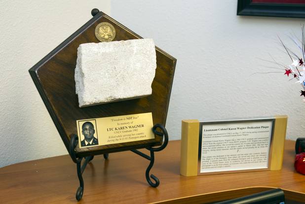 A plaque in memory of  Lt. Col. Karen Wagner is displayed at the Office of Veteran Services at UNLV Tuesday, July 31, 2012. Wagner, a 1982 UNLV graduate, was killed in the Sept. 11, 2001, attack on the Pentagon.