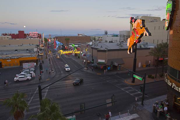 A view of the East Fremont entertainment district as seen from the walkway between the Neonopolis mall and the Fremont parking garage in downtown Las Vegas Wednesday, August 1, 2012.
