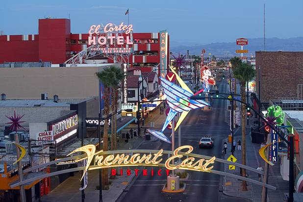 A view of the East Fremont entertainment district as seen from the walkway between the Neonopolis mall and the Fremont parking garage in downtown Las Vegas Wednesday, August 1, 2012.