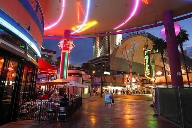 A view looking toward the Fremont Street Experience canopy from the Neonopolis mall in downtown Las Vegas Wednesday, August 1, 2012.
