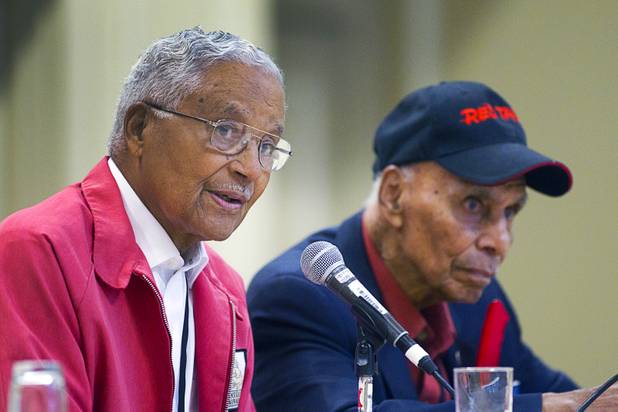 Tuskegee Airmen Charles E. McGee, left, and Roscoe C. Brown, Jr. participate in a panel discussion during the International Black Aerospace Council convention at the Las Vegas Hotel Wednesday, August 1, 2012. McGee holds an Air Force record of 409 fighter combat missions flown in World War II, Korea and Vietnam.
