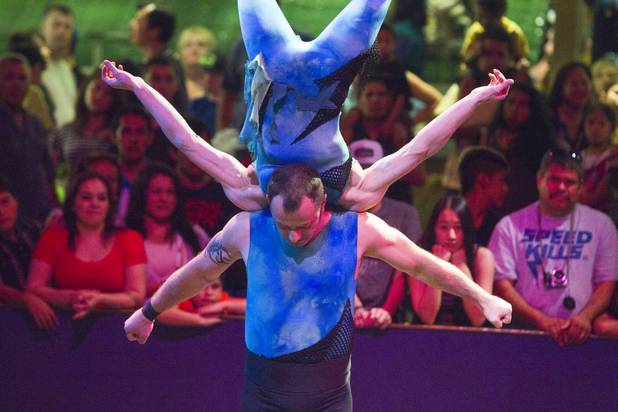Magdalena Cyran and Tom Smiela of Poland, also known as the "Duo Joys," perform at the Midway at Circus Circus Thursday, August 2, 2012.