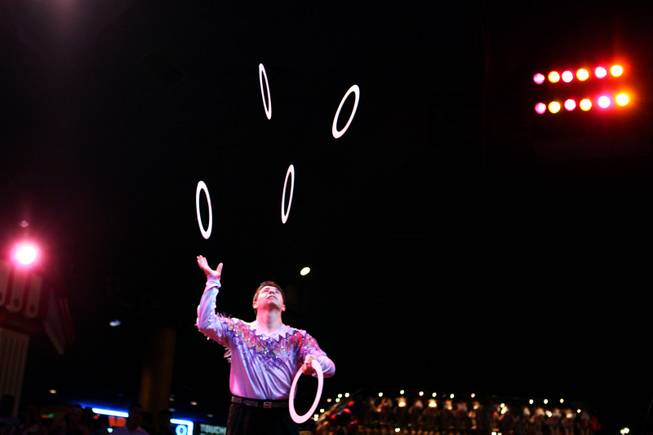 Raul Cubillos performs a juggling act at the Circus Circus Midway in Las Vegas on Thursday, August 2, 2012.