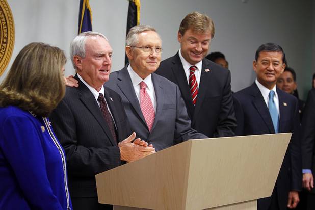 Officials from left: Congresswoman Shelley Berkley, John Bright, Veterans Affairs hospital director, Senate Majority Leader Harry Reid, Senator Dean Heller, and Secretary of Veterans Affairs Eric Shinseki respond to questions from reporters following a dedication ceremony for the VA Southern Nevada Healthcare System Las Vegas Medical Center (VASNHS) in North Las Vegas Monday, August 6, 2012.