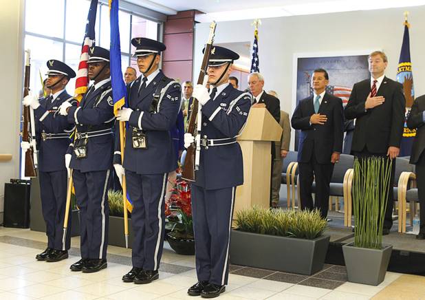 Members of the Nellis Air Force Base Honor Guard present the colors during a dedication ceremony for the VA Southern Nevada Healthcare System Las Vegas Medical Center (VASNHS) in North Las Vegas Monday, August 6, 2012.