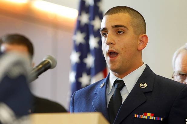 Airman First Class Cory J. Bassett sings the national anthem during a dedication ceremony for the VA Southern Nevada Healthcare System Las Vegas Medical Center (VASNHS) in North Las Vegas Monday, August 6, 2012.