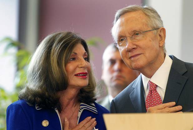 Congresswoman Shelley Berkley speaks with Senate Majority Leader Harry Reid during a dedication ceremony for the VA Southern Nevada Healthcare System Las Vegas Medical Center (VASNHS) in North Las Vegas Monday, August 6, 2012.