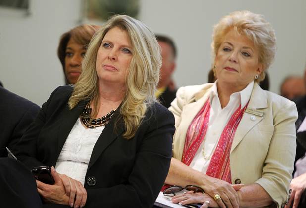 North Las Vegas Mayor Shari Buck, left, and Las vegas a Mayor Carolyn Goodman listen to speakers during a dedication ceremony for the VA Southern Nevada Healthcare System Las Vegas Medical Center (VASNHS) in North Las Vegas Monday, August 6, 2012.